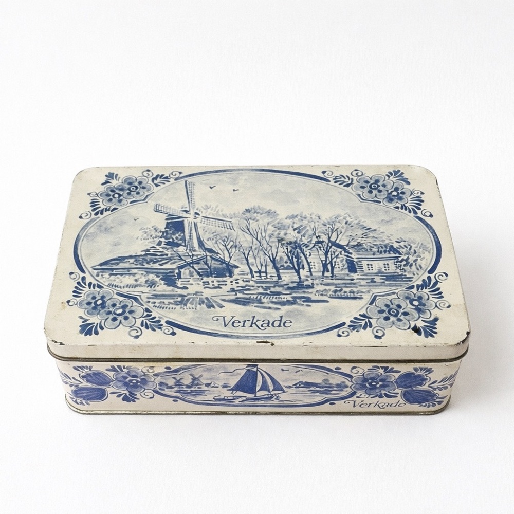 Vintage Verkade Holland Blue & White Windmill Biscuit Tin Metal Box - Picture 4 of 4